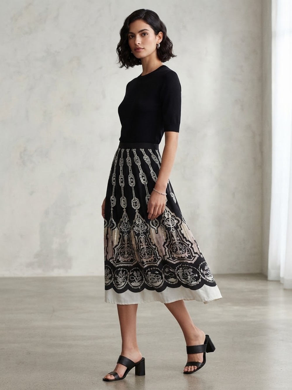 SilkLand Black Midi Skirt with Cream Patterned Border